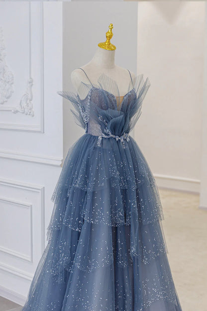 Blue Tulle Layers Straps Beaded Long Prom Dresses, A-Line Evening Dresses TP638