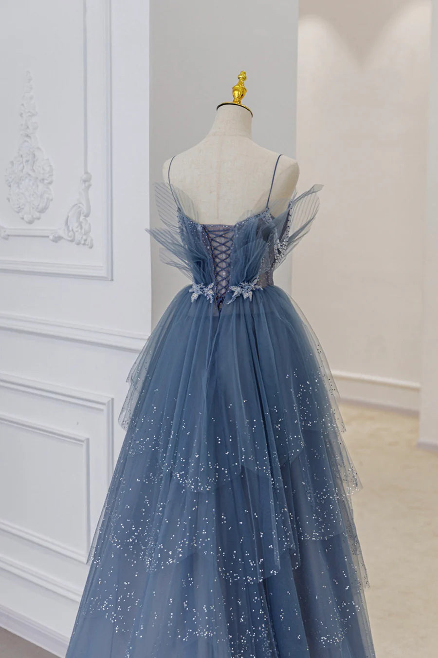 Blue Tulle Layers Straps Beaded Long Prom Dresses, A-Line Evening Dresses TP638