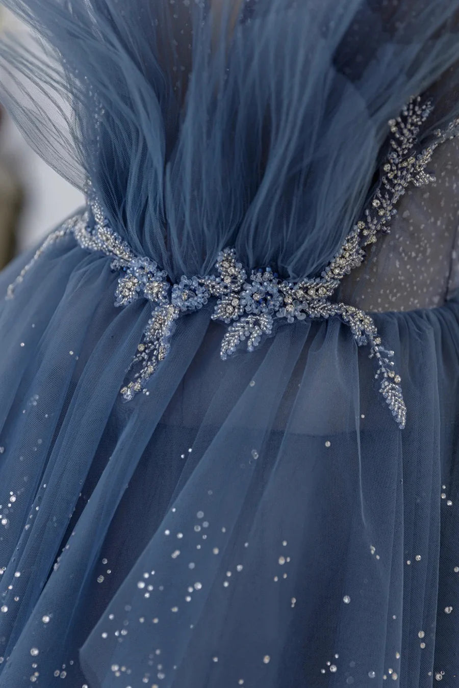 Blue Tulle Layers Straps Beaded Long Prom Dresses, A-Line Evening Dresses TP638