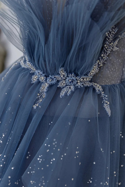 Blue Tulle Layers Straps Beaded Long Prom Dresses, A-Line Evening Dresses TP638
