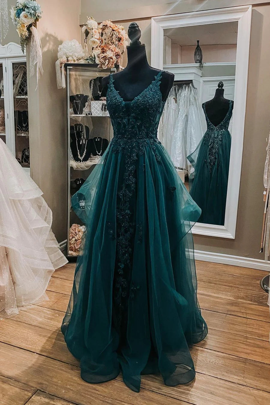 Green Tulle Lace Long Prom Dresses, A-Line Formal Evening Dresses TP639