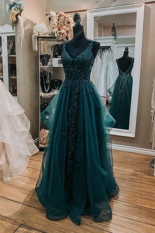 Green Tulle Lace Long Prom Dresses, A-Line Formal Evening Dresses TP639