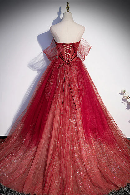 Burgundy Sweetheart Neckline Tulle Long Prom Dress, A-Line Evening Dress TP640