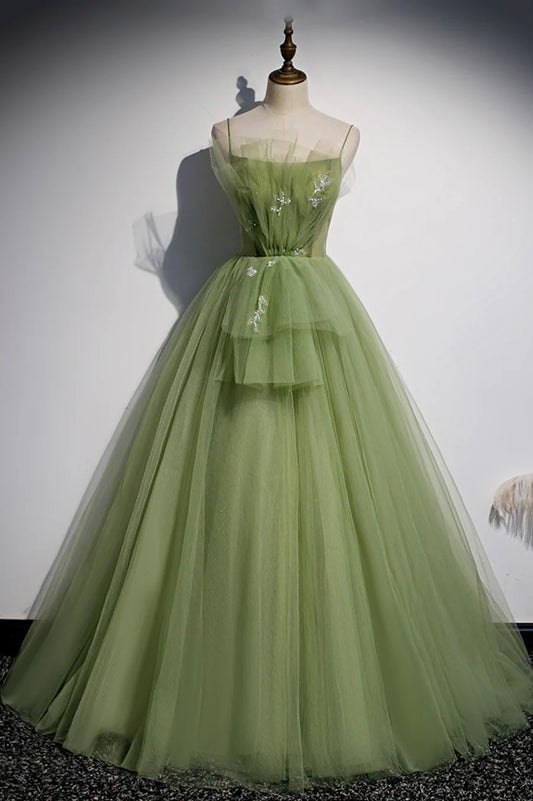 Green Tulle Long A-Line Prom Dresses, Green Spaghetti Straps Evening Dresses TP641