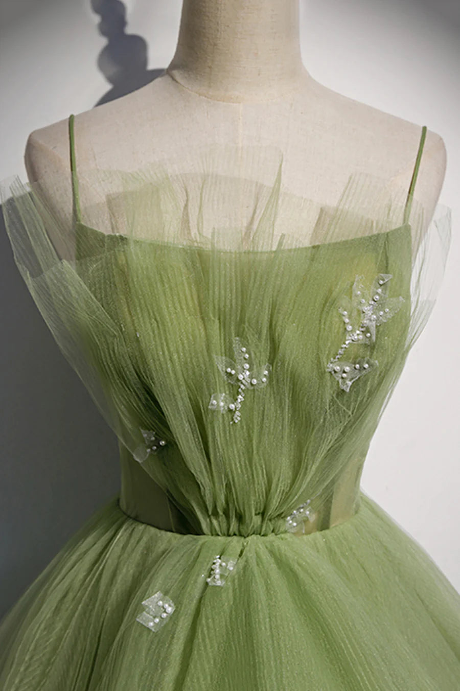 Green Tulle Long A-Line Prom Dresses, Green Spaghetti Straps Evening Dresses TP641