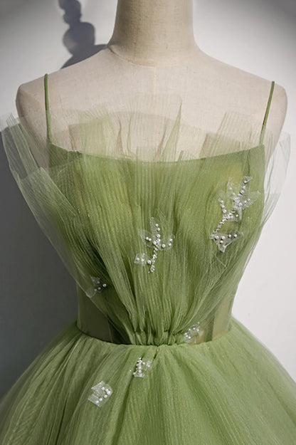 Green Tulle Long A-Line Prom Dresses, Green Spaghetti Straps Evening Dresses TP641
