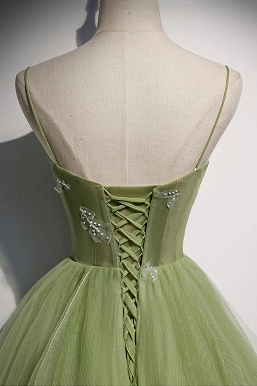 Green Tulle Long A-Line Prom Dresses, Green Spaghetti Straps Evening Dresses TP641