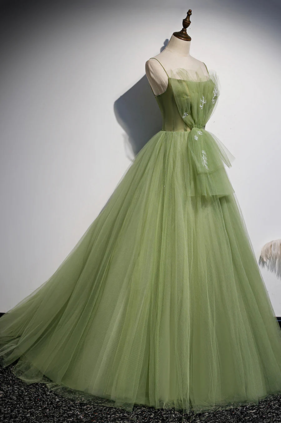 Green Tulle Long A-Line Prom Dresses, Green Spaghetti Straps Evening Dresses TP641