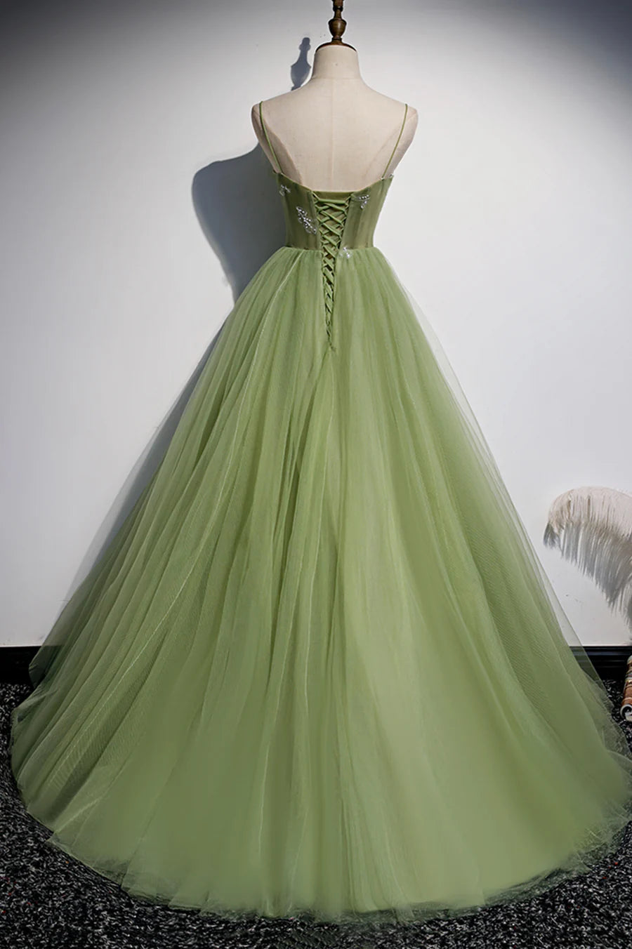 Green Tulle Long A-Line Prom Dresses, Green Spaghetti Straps Evening Dresses TP641