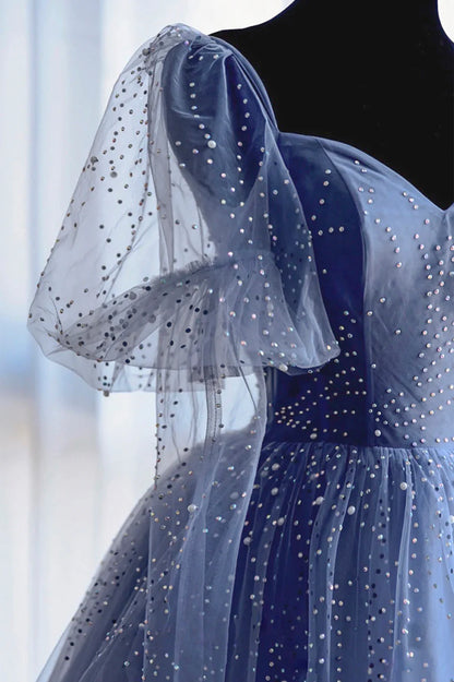 Blue Tulle Beading Long Prom Dresses, A-Line Evening Dresses TP642