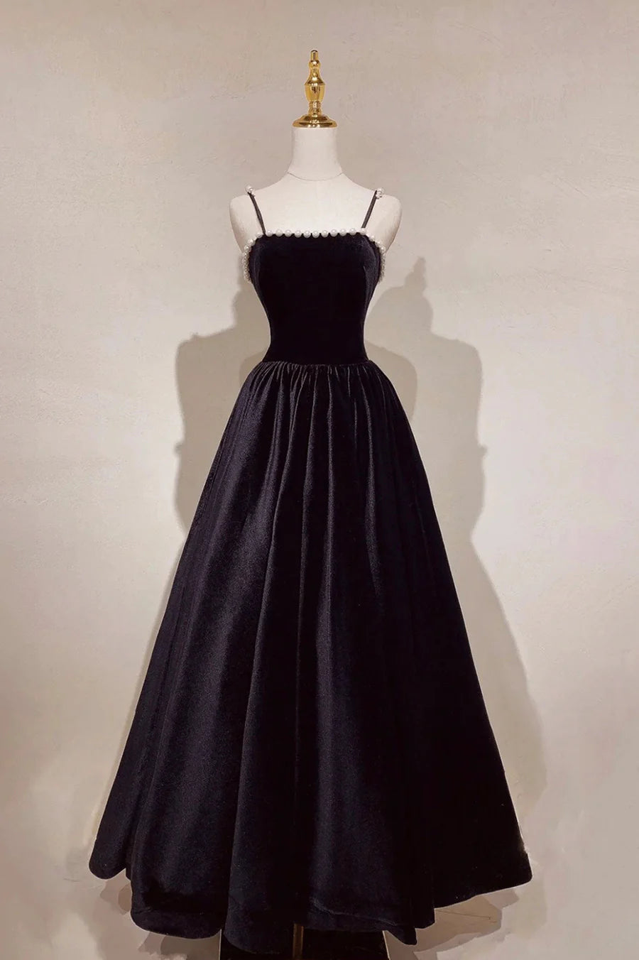 Black Velvet Pearls Long Prom Dresses, Black A-Line Evening Party Dresses TP643