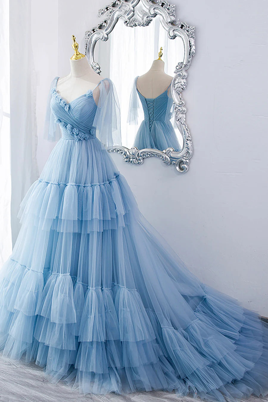 A-Line Tulle Long Prom Dresses, V-Neck Spaghetti Strap Long Princess Dresses TP645