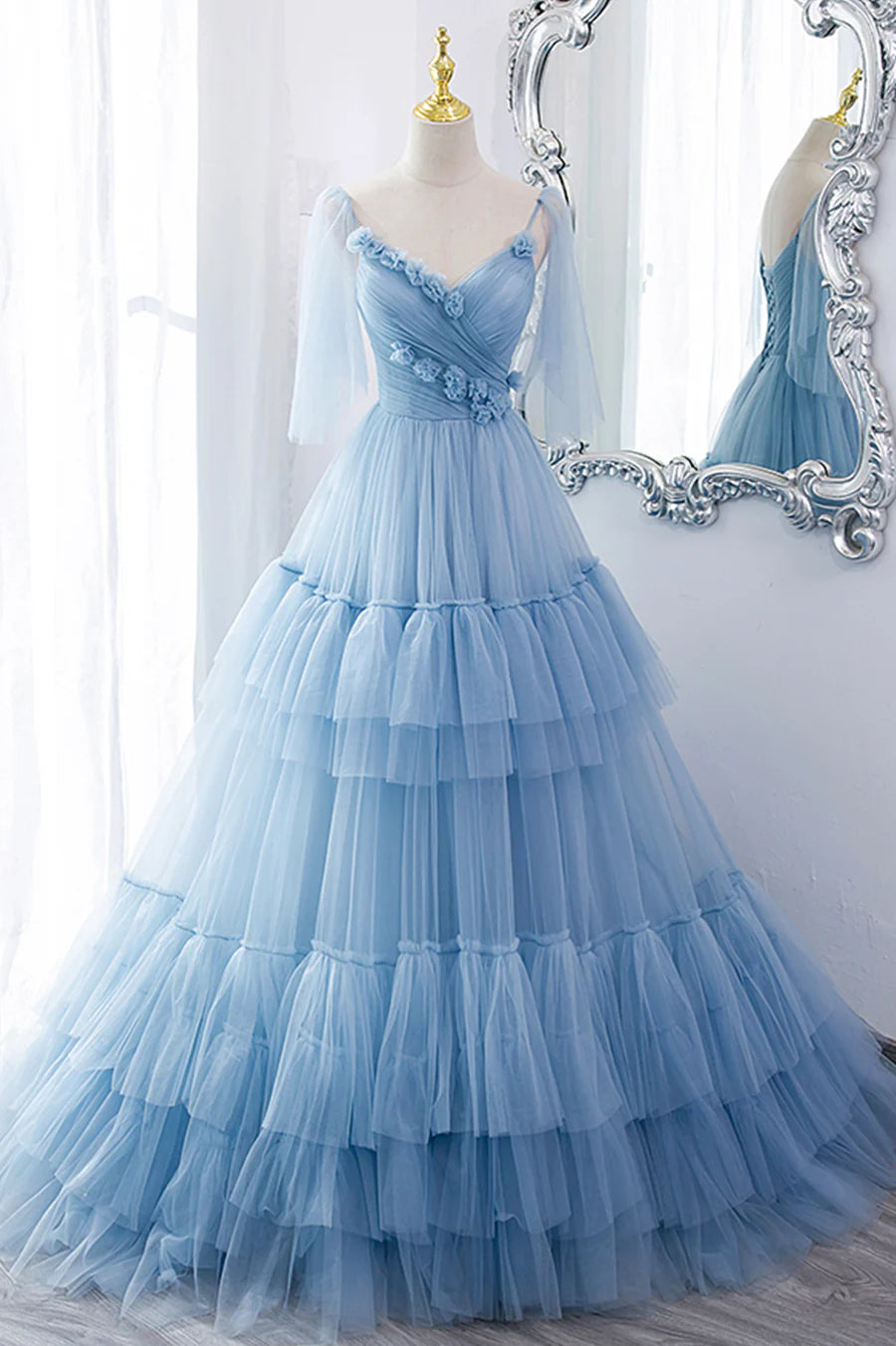 A-Line Tulle Long Prom Dresses, V-Neck Spaghetti Strap Long Princess Dresses TP645