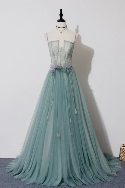 Green Lovely Tulle Straps Long A-Line Prom Dresses, Green Evening Dresses TP647