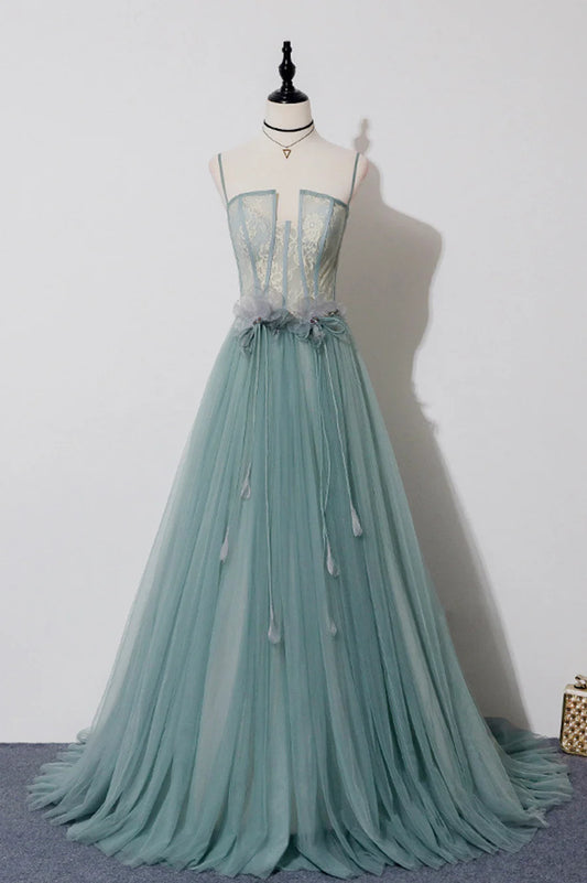 Green Lovely Tulle Straps Long A-Line Prom Dresses, Green Evening Dresses TP647
