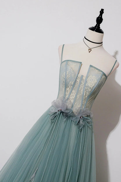Green Lovely Tulle Straps Long A-Line Prom Dresses, Green Evening Dresses TP647