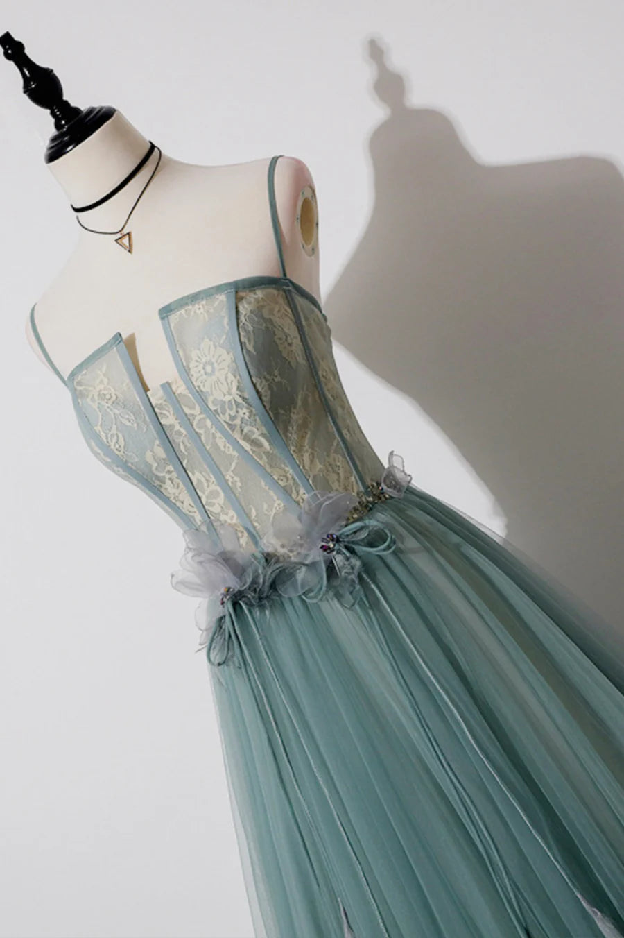 Green Lovely Tulle Straps Long A-Line Prom Dresses, Green Evening Dresses TP647