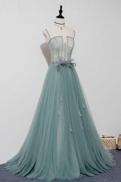 Green Lovely Tulle Straps Long A-Line Prom Dresses, Green Evening Dresses TP647