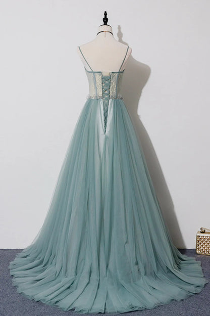 Green Lovely Tulle Straps Long A-Line Prom Dresses, Green Evening Dresses TP647