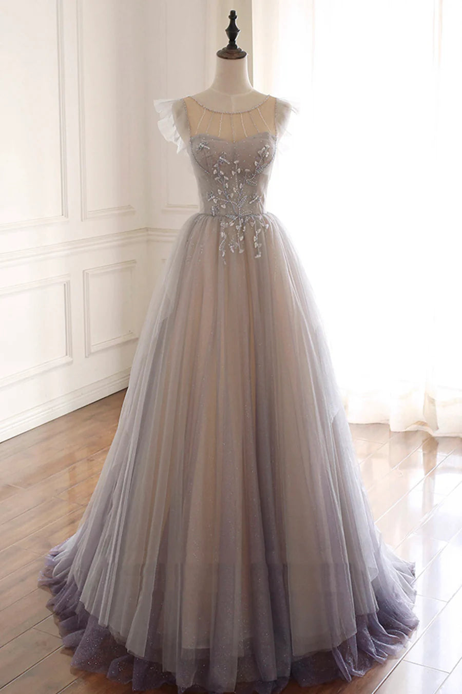 Cute Tulle Sequins Long Prom Dresses, A-Line Evening Dresses TP649