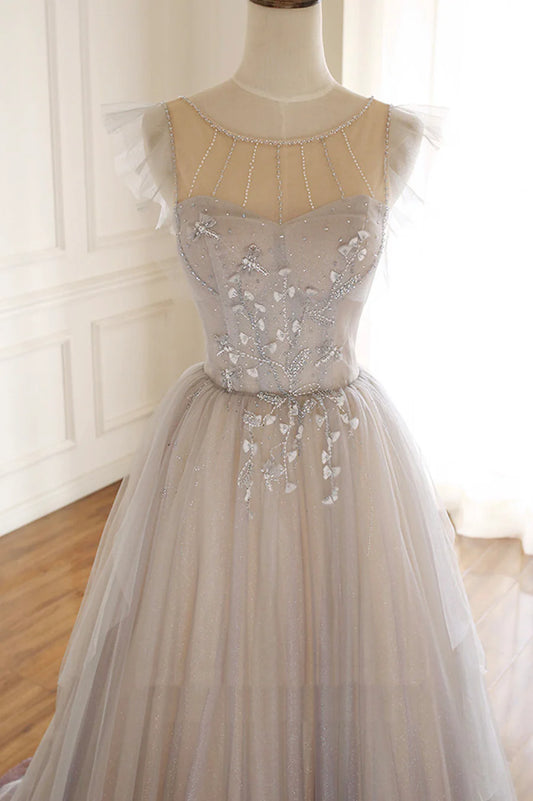 Cute Tulle Sequins Long Prom Dresses, A-Line Evening Dresses TP649