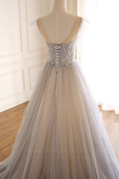 Cute Tulle Sequins Long Prom Dresses, A-Line Evening Dresses TP649