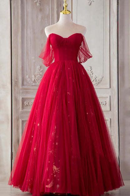 Red Tulle Long Prom Dresses, A-Line Off the Shoulder Formal Dresses TP652