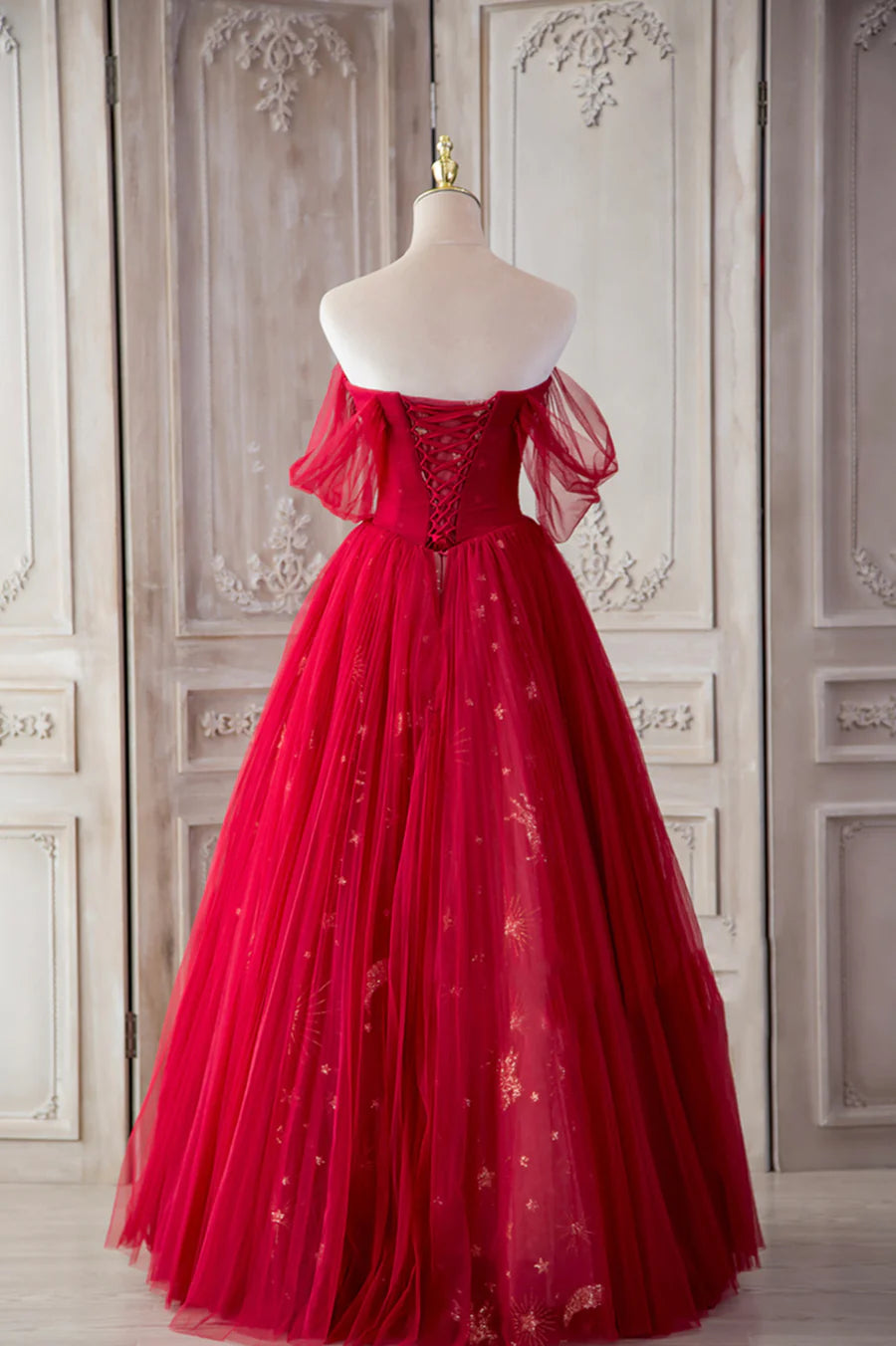 Red Tulle Long Prom Dresses, A-Line Off the Shoulder Formal Dresses TP652