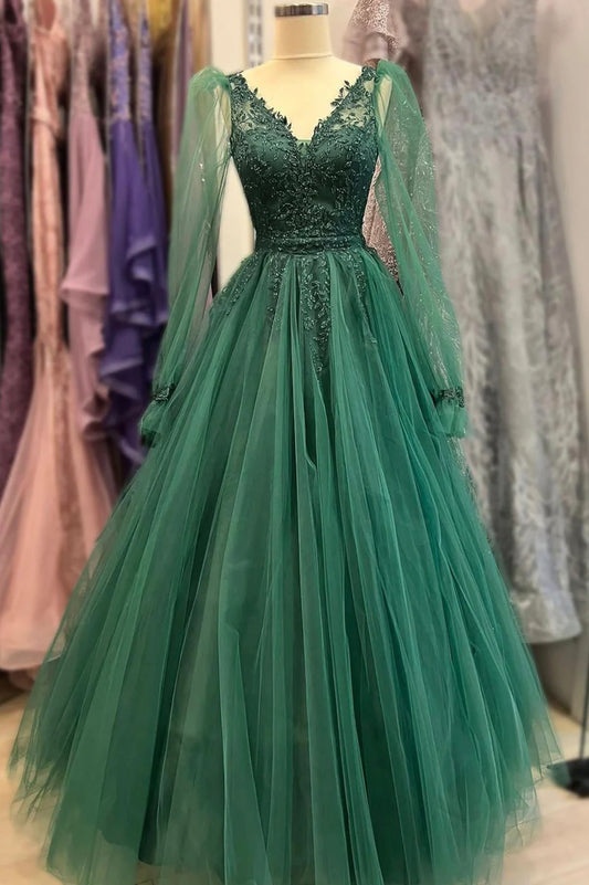 Green V-Neck Tulle Long Prom Dresses, A-Line Long Sleeve Evening Dresses TP654
