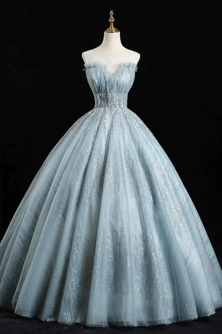 Blue Tulle Sequins Long Prom Dresses, A-Line Evening Dresses TP659