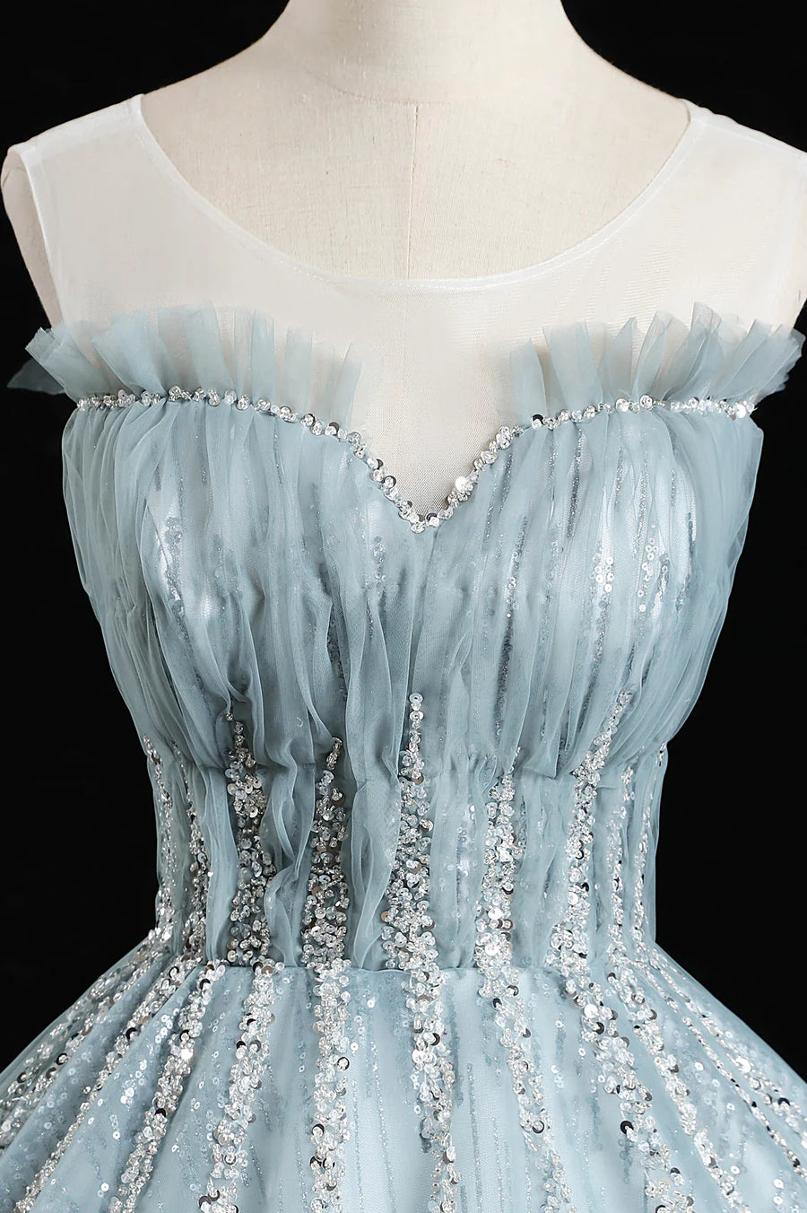 Blue Tulle Sequins Long Prom Dresses, A-Line Evening Dresses TP659