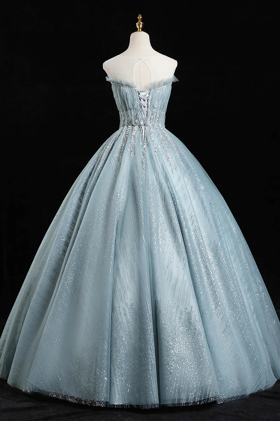 Blue Tulle Sequins Long Prom Dresses, A-Line Evening Dresses TP659