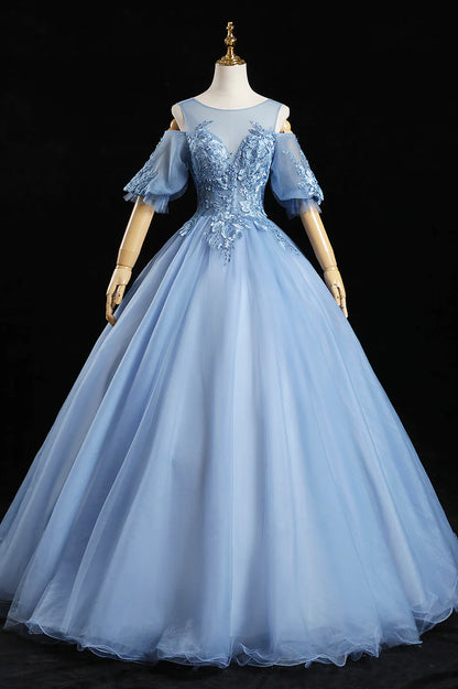 Blue Lace Long A-Line Prom Dresses, Blue Evening Dresses TP660