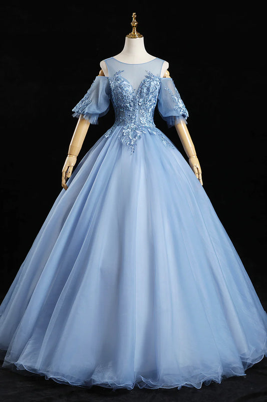 Blue Lace Long A-Line Prom Dresses, Blue Evening Dresses TP660
