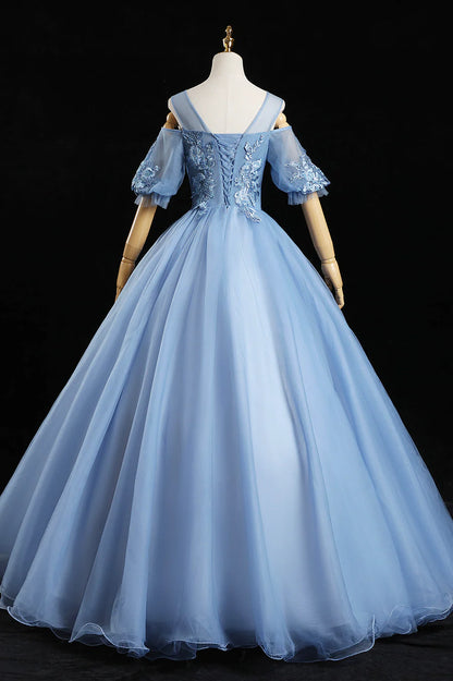 Blue Lace Long A-Line Prom Dresses, Blue Evening Dresses TP660