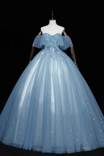 Blue Tulle Lace Long Prom Dresses, A-Line Off the Shoulder Evening Dresses TP662