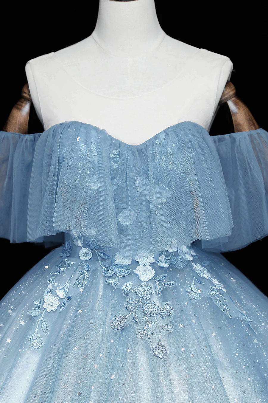 Blue Tulle Lace Long Prom Dresses, A-Line Off the Shoulder Evening Dresses TP662