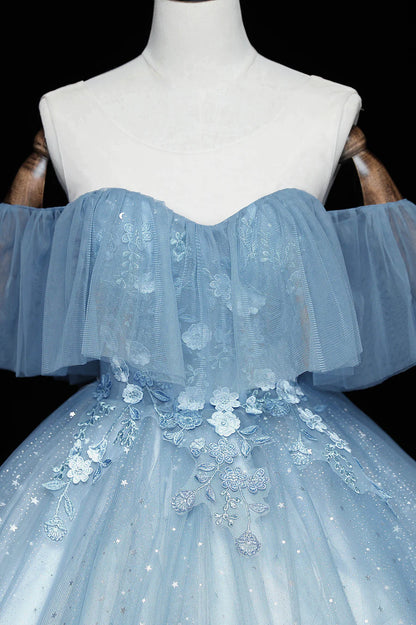 Blue Tulle Lace Long Prom Dresses, A-Line Off the Shoulder Evening Dresses TP662