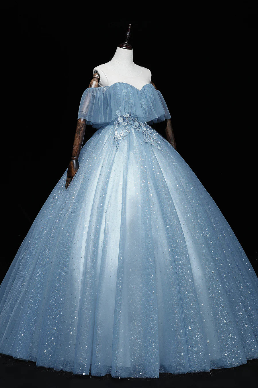 Blue Tulle Lace Long Prom Dresses, A-Line Off the Shoulder Evening Dresses TP662