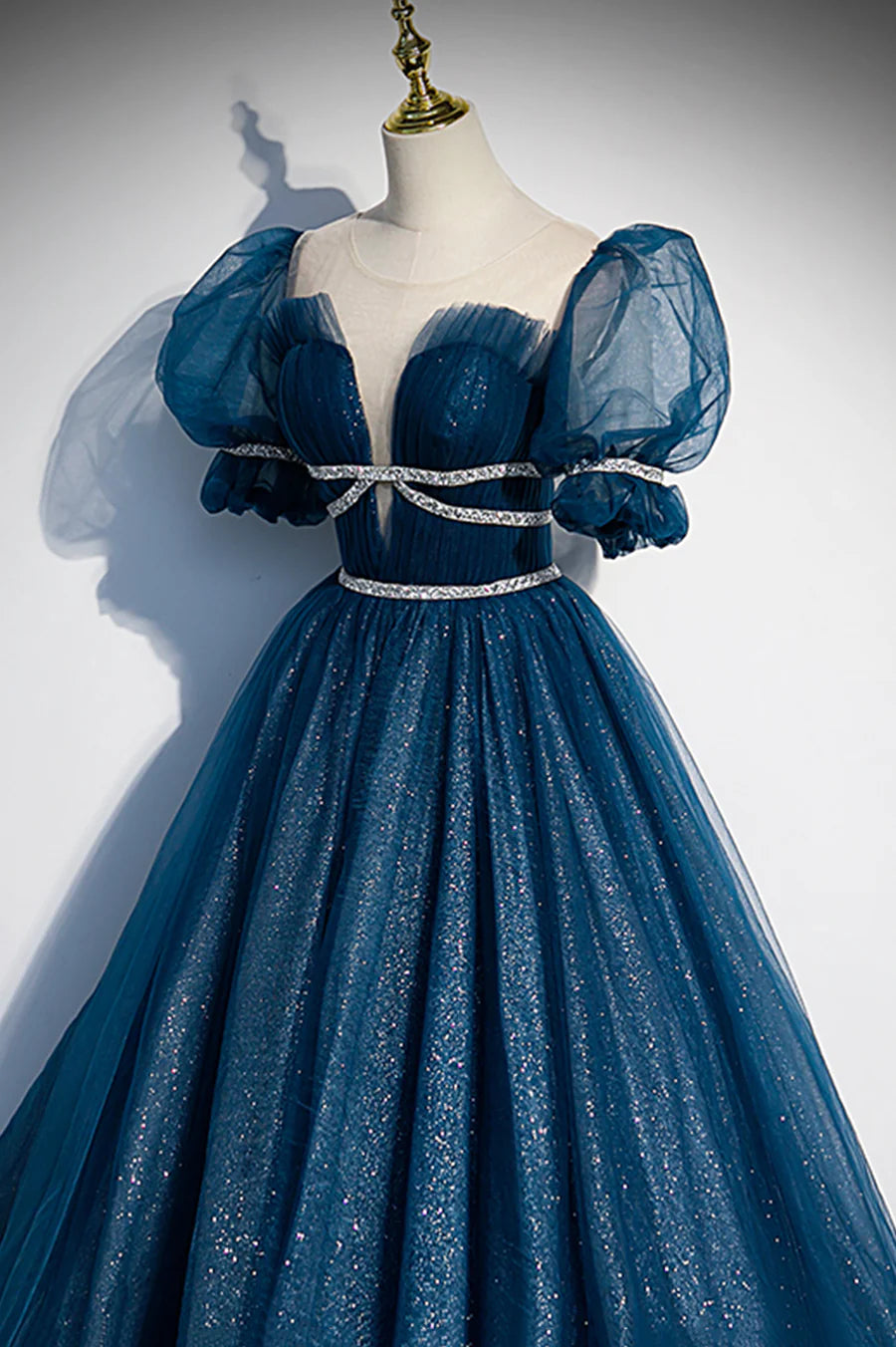 Blue Tulle Beading Long Prom Dresses, A-Line Evening Dresses TP666