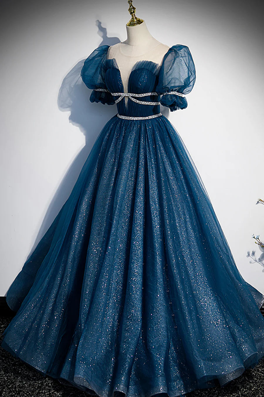 Blue Tulle Beading Long Prom Dresses, A-Line Evening Dresses TP666