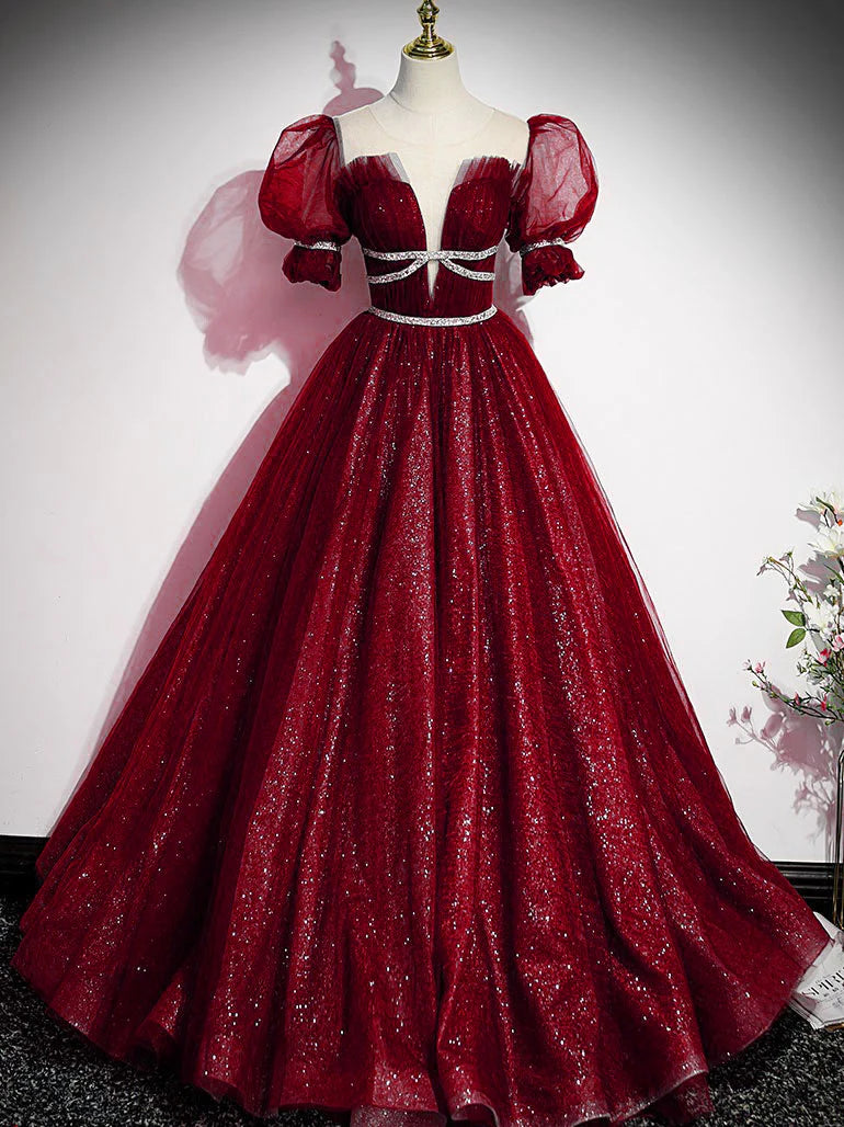 Blue Tulle Beading Long Prom Dresses, A-Line Evening Dresses TP666