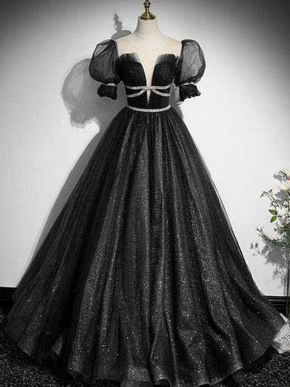 Blue Tulle Beading Long Prom Dresses, A-Line Evening Dresses TP666