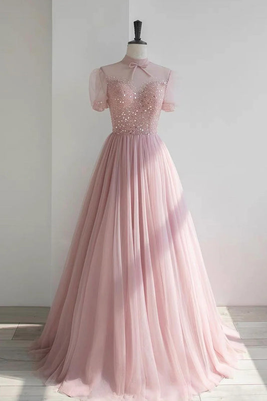 Pink Tulle Beading Long Prom Dresses, Lovely A-Line Evening Party Dresses TP667