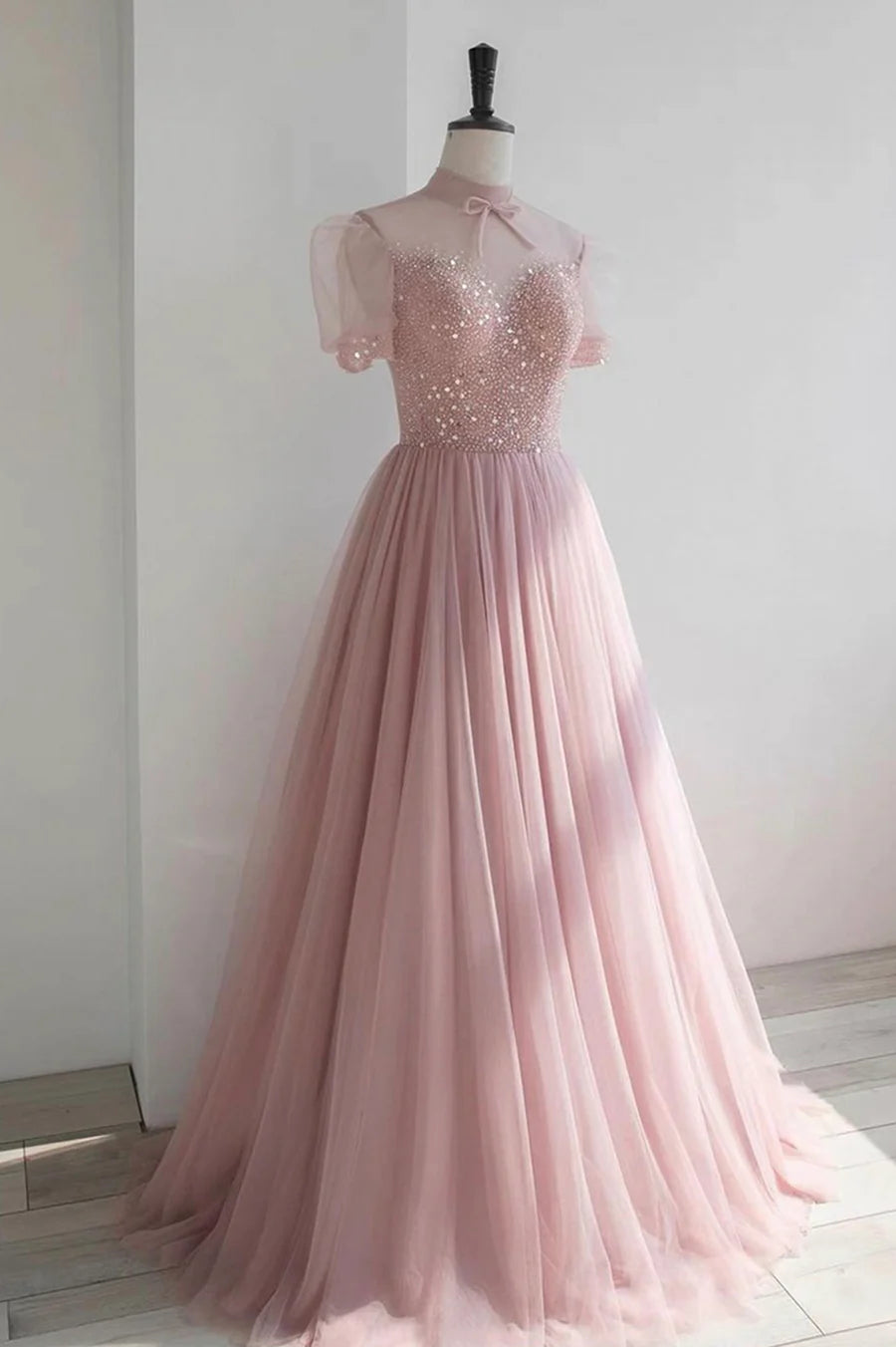 Pink Tulle Beading Long Prom Dresses, Lovely A-Line Evening Party Dresses TP667