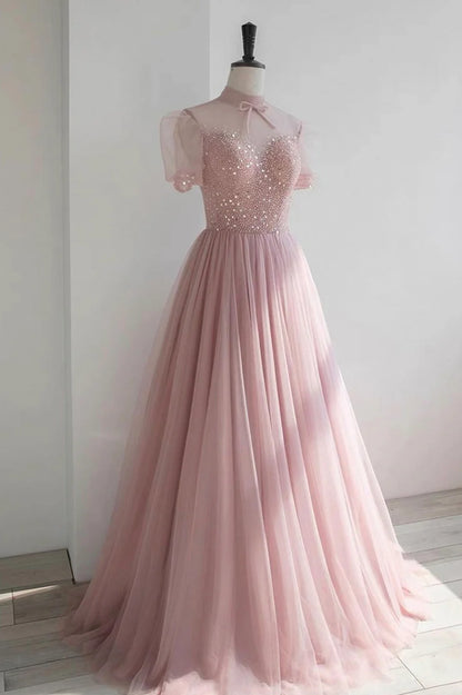 Pink Tulle Beading Long Prom Dresses, Lovely A-Line Evening Party Dresses TP667