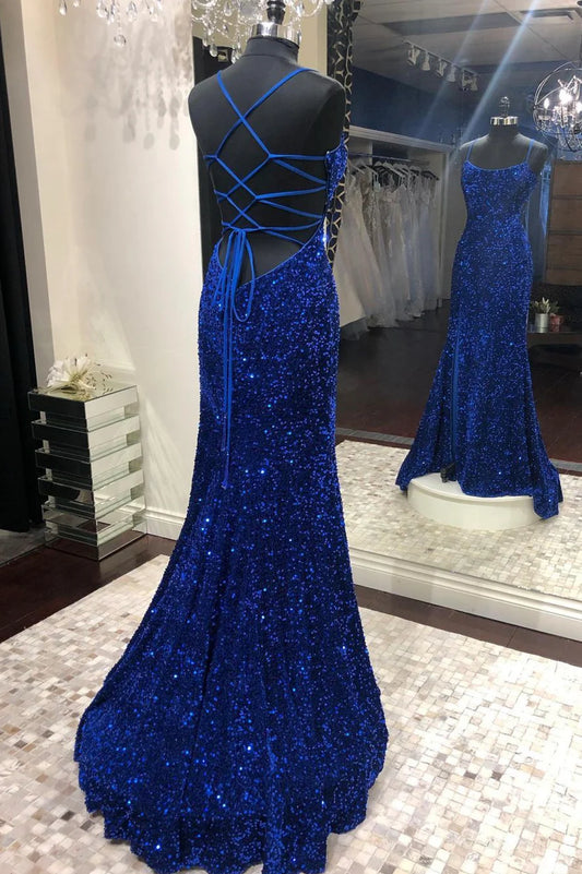 Mermaid Sequins Long Prom Dresses, Blue Backless Evening Dresses TP669