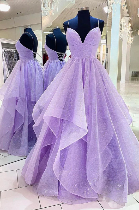 Purple A-Line Tulle Long Prom Dresses, Purple Party Evening Gowns TP673