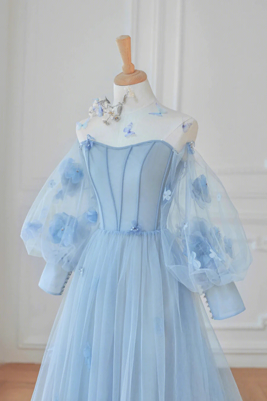 Blue Tulle Long Sleeve Prom Dresses, Cute A-Line Evening Dresses with Applique TP674