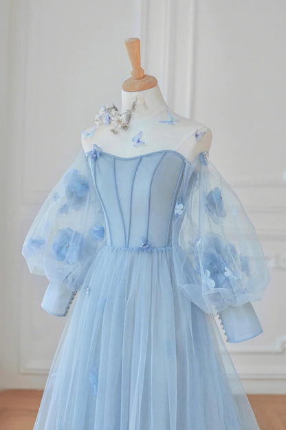 Blue Tulle Long Sleeve Prom Dresses, Cute A-Line Evening Dresses with Applique TP674